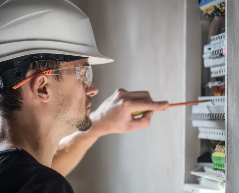 hombre-un-tecnico-electrico-que-trabaja-en-una-centralita-con-fusibles-instalacion-y-conexion-de-equipos-electricos-de-cerca Subdirector de empresa de electricistas usando multímetro en instalación industrial