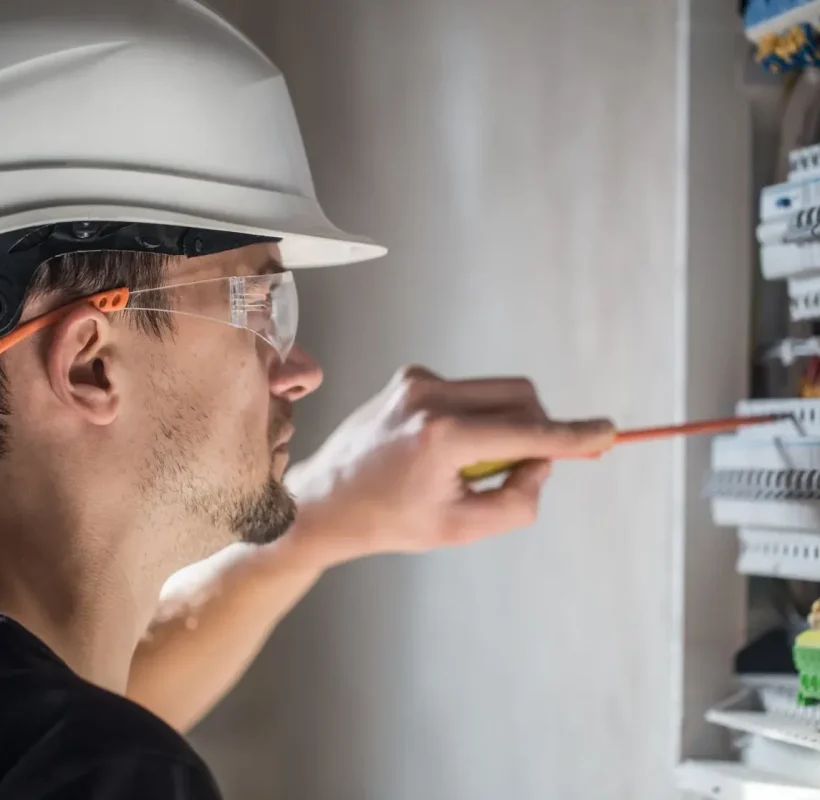 Subdirector de empresa de electricistas usando multímetro en instalación industrial